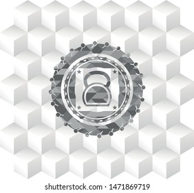 kettlebell icon inside realistic grey emblem with geometric cube white background