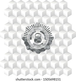 kettlebell icon inside realistic grey emblem with cube white background