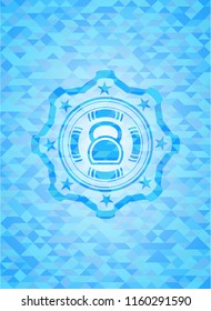 kettlebell icon inside realistic sky blue emblem. Mosaic background