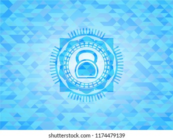 kettlebell icon inside realistic sky blue mosaic emblem