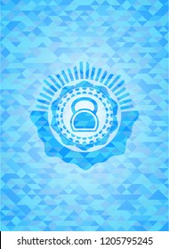 kettlebell icon inside realistic sky blue emblem. Mosaic background