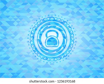 kettlebell icon inside realistic sky blue mosaic emblem