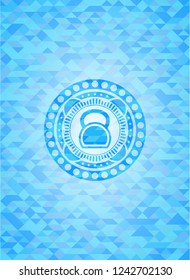 kettlebell icon inside realistic sky blue emblem. Mosaic background