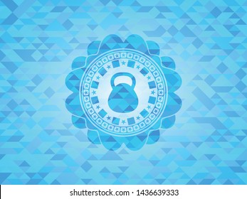 kettlebell icon inside realistic sky blue mosaic emblem