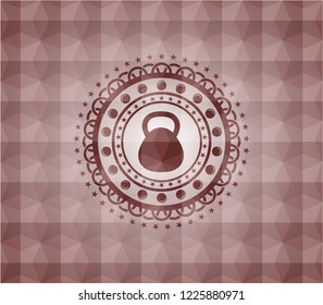 kettlebell icon inside red badge with geometric pattern. Seamless.