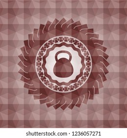 kettlebell icon inside red badge with geometric pattern background. Seamless.
