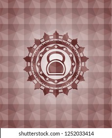 kettlebell icon inside red badge with geometric pattern. Seamless.