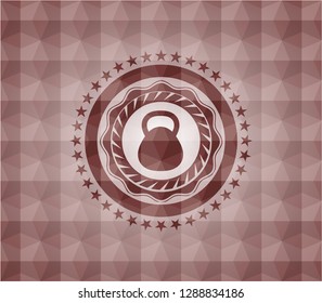 kettlebell icon inside red badge with geometric pattern. Seamless.