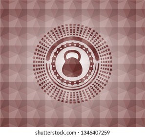 kettlebell icon inside red badge with geometric pattern. Seamless.