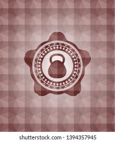 kettlebell icon inside red badge with geometric pattern. Seamless.