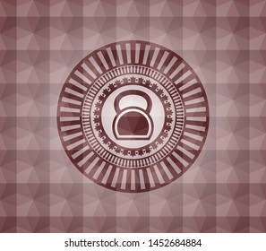 kettlebell icon inside red badge with geometric pattern background. Seamless.