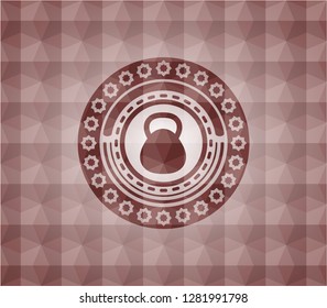 kettlebell icon inside red emblem with geometric pattern background. Seamless.