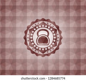 kettlebell icon inside red emblem or badge with geometric pattern background. Seamless.