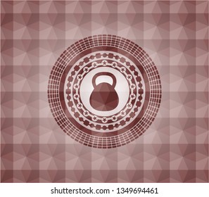 kettlebell icon inside red emblem with geometric pattern background. Seamless.