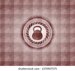 kettlebell icon inside red emblem or badge with abstract geometric pattern background. Seamless.