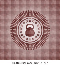 kettlebell icon inside red emblem or badge with abstract geometric pattern background. Seamless.
