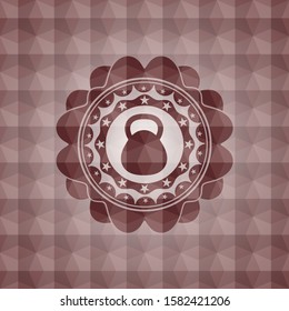 kettlebell icon inside red emblem or badge with abstract geometric polygonal pattern background. Seamless.