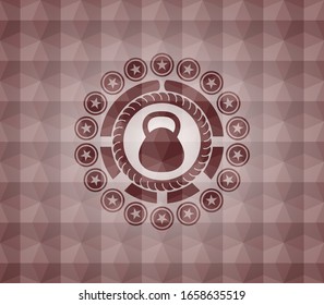 kettlebell icon inside red emblem with geometric pattern. Seamless.