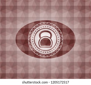 kettlebell icon inside red seamless emblem with geometric background.