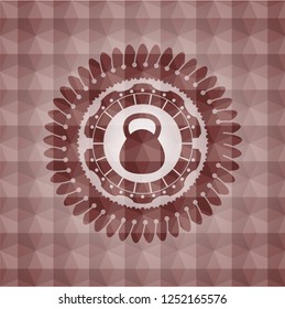 kettlebell icon inside red seamless emblem with geometric pattern.