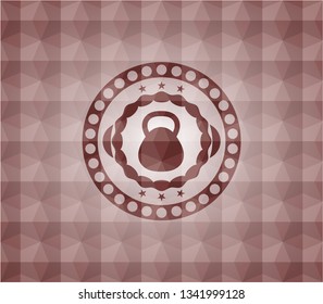 kettlebell icon inside red seamless polygonal badge.