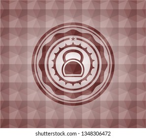 kettlebell icon inside red seamless emblem or badge with abstract geometric pattern background.