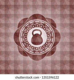 kettlebell icon inside red seamless emblem or badge with geometric pattern background.