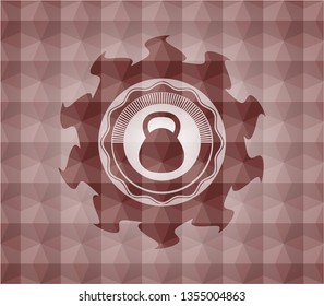 kettlebell icon inside red seamless polygonal badge.
