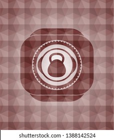 kettlebell icon inside red seamless emblem or badge with abstract geometric pattern background.