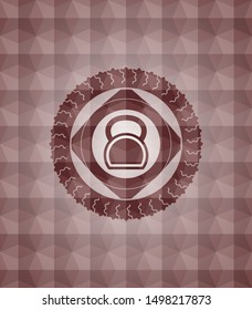 kettlebell icon inside red seamless emblem with geometric pattern.