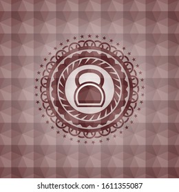 kettlebell icon inside red seamless emblem or badge with abstract geometric polygonal pattern background.