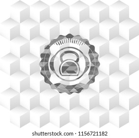 kettlebell icon inside retro style grey emblem with geometric cube white background