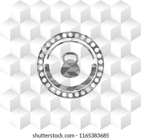 kettlebell icon inside retro style grey emblem with geometric cube white background