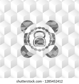 kettlebell icon inside retro style grey emblem with geometric cube white background