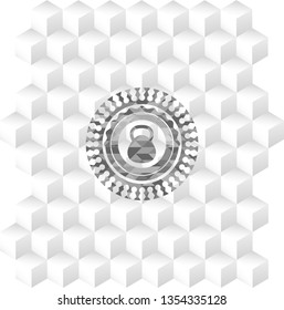 kettlebell icon inside retro style grey emblem with geometric cube white background