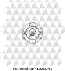 kettlebell icon inside retro style grey emblem with geometric cube white background