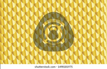 kettlebell icon inside shiny golden emblem. Scales pattern. Vector Illustration. Detailed.