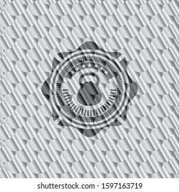 kettlebell icon inside shiny silver emblem. Scales pattern. Vector Illustration. Detailed.