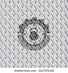 kettlebell icon inside shiny silver badge. Scales pattern. Vector Illustration. Detailed.