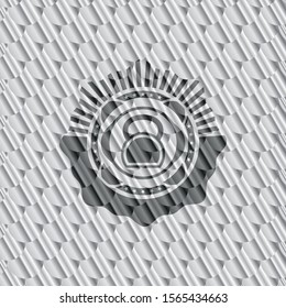 kettlebell icon inside silver badge. Scales pattern. Vector Illustration. Detailed.