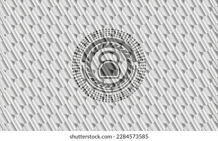 kettlebell icon inside silver color emblem or badge. Scales pattern. Vector Illustration. Detailed. 