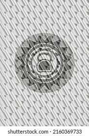 kettlebell icon inside silver emblem or badge. Scales pattern. Vector Illustration. Detailed. 