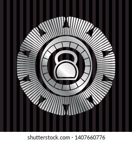 kettlebell icon inside silvery emblem or badge