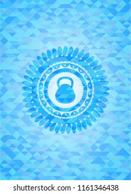 kettlebell icon inside sky blue emblem. Mosaic background