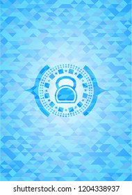 kettlebell icon inside sky blue mosaic emblem
