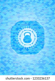 kettlebell icon inside sky blue mosaic emblem