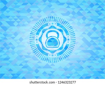 kettlebell icon inside sky blue emblem with mosaic ecological style background