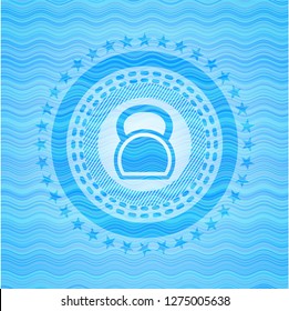 kettlebell icon inside sky blue water wave badge background.