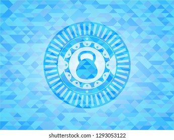 kettlebell icon inside sky blue mosaic emblem
