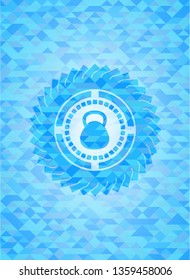 kettlebell icon inside sky blue emblem. Mosaic background